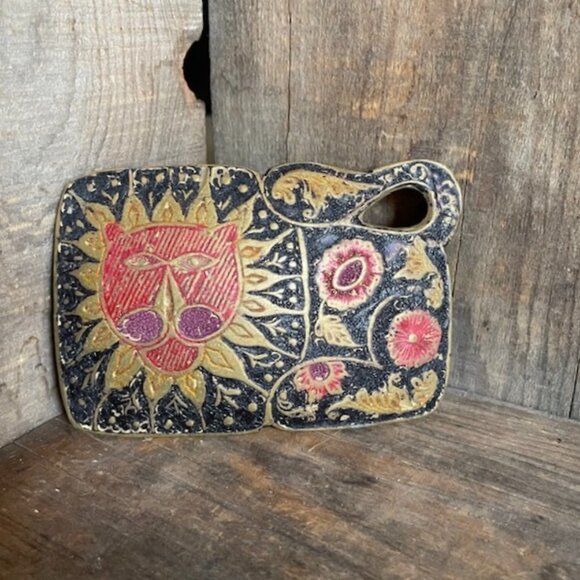 Vintage Handcast Brass Belt Buckle Boho Hippie Botanical & Lion Animal Figural - Picture 11 of 11